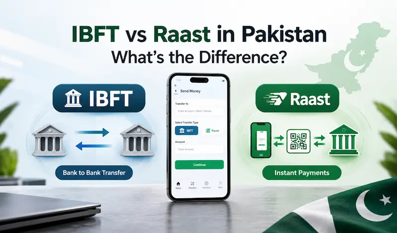 IBFT vs Raast in Pakistan showing the difference between interbank fund transfers and Pakistan’s instant payment system