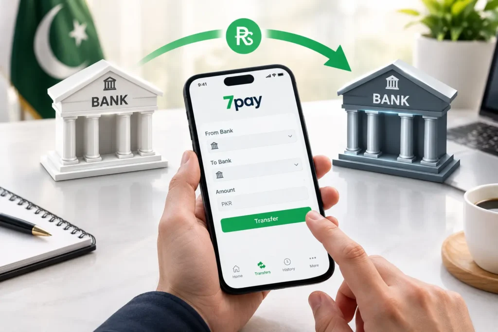Man using 7Pay mobile app to send money from one bank to another online in Pakistan