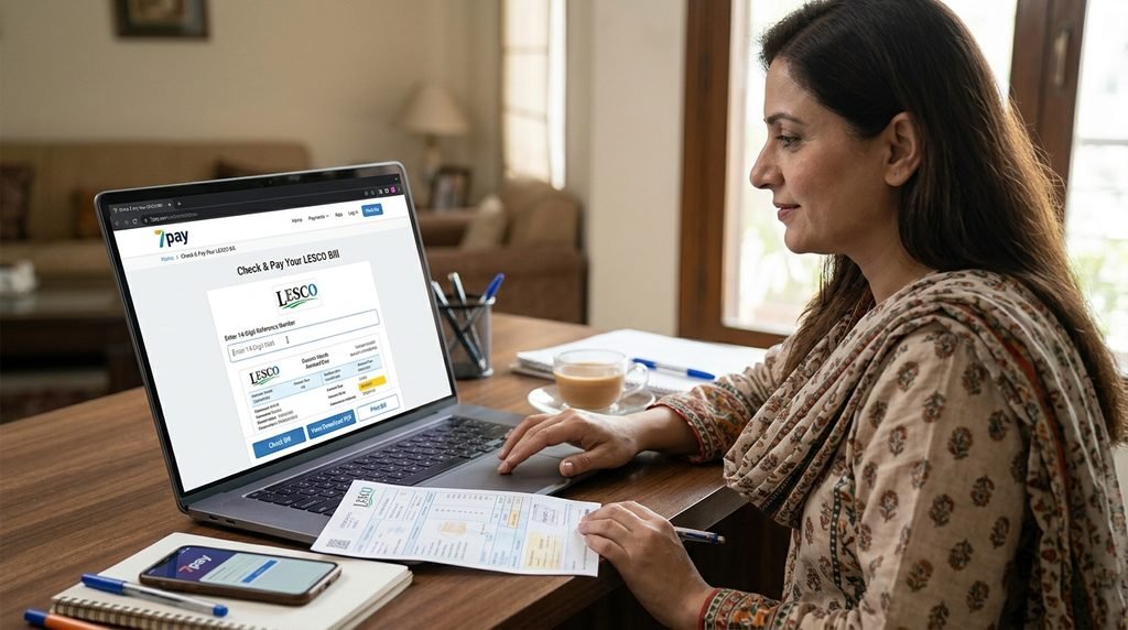 LESCO bill online check using reference number, with options to download and print the electricity bill through 7Pay