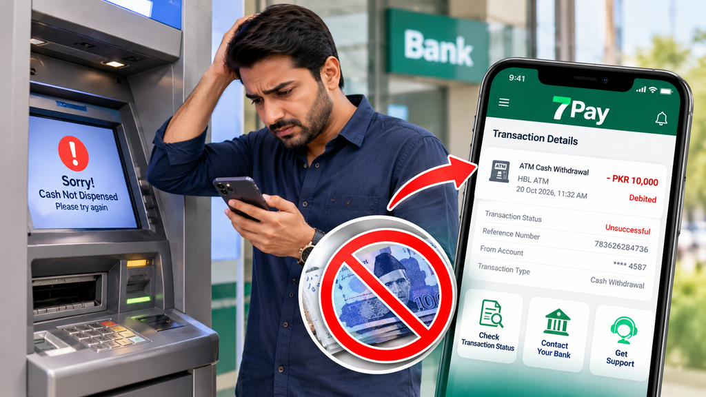 7Pay illustration showing a failed ATM cash withdrawal in Pakistan, with PKR 10,000 deducted from a bank account despite cash not being dispensed.