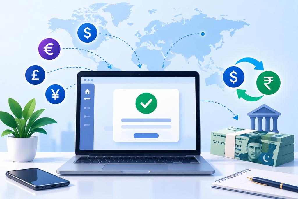 Laptop displaying a successful international payment notification with a green checkmark, global currency exchange symbols, and Pakistani rupees representing digital payments for freelancers in Pakistan