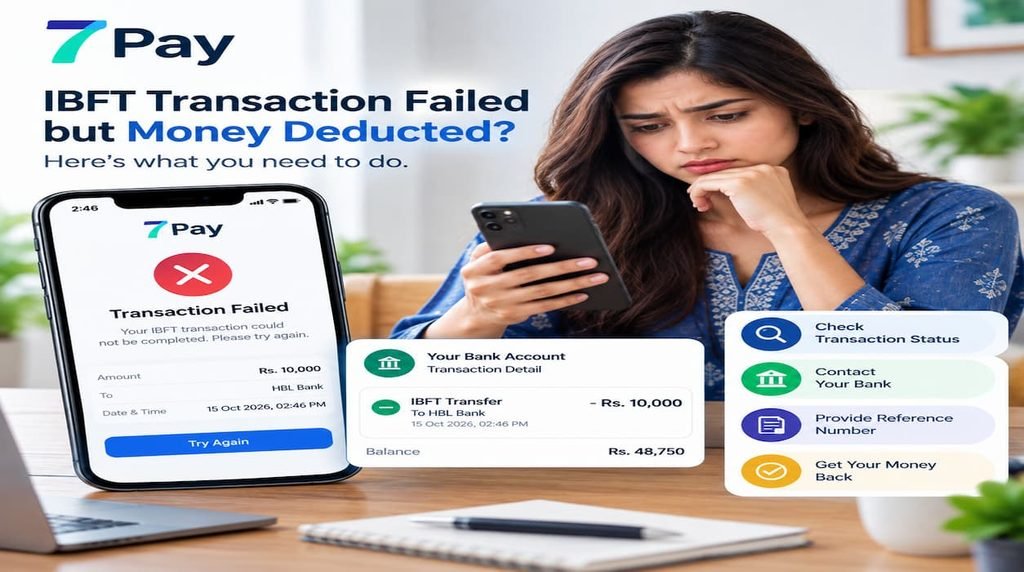 IBFT transaction failed but money deducted from bank account, showing a worried man checking his smartphone and steps to resolve a failed bank transfer in Pakistan using 7Pay
