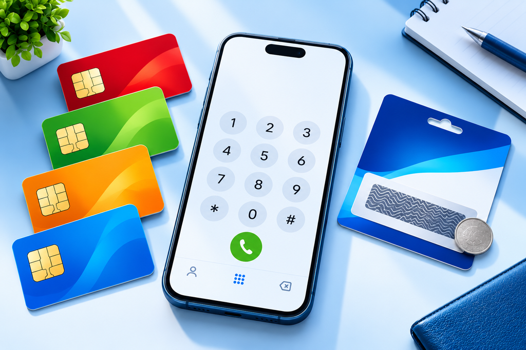 Mobile recharge codes in Pakistan for Jazz, Zong, Ufone and Telenor, featuring a smartphone dial pad, SIM cards and recharge card for convenient top-ups with 7Pay.