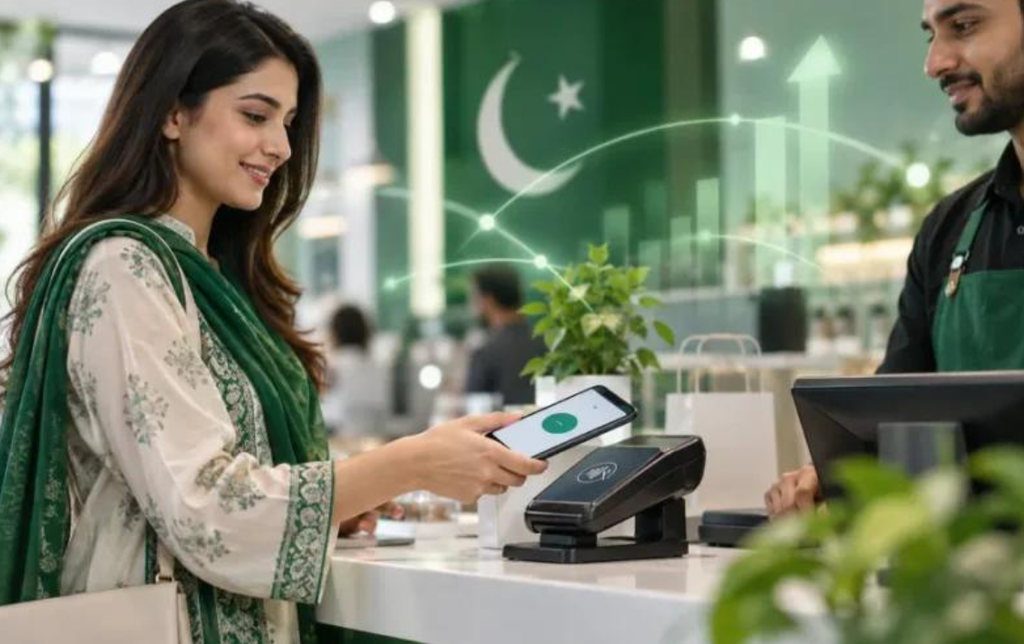 Pakistani user holding a modern debit card with smartphone/7Pay payment interface