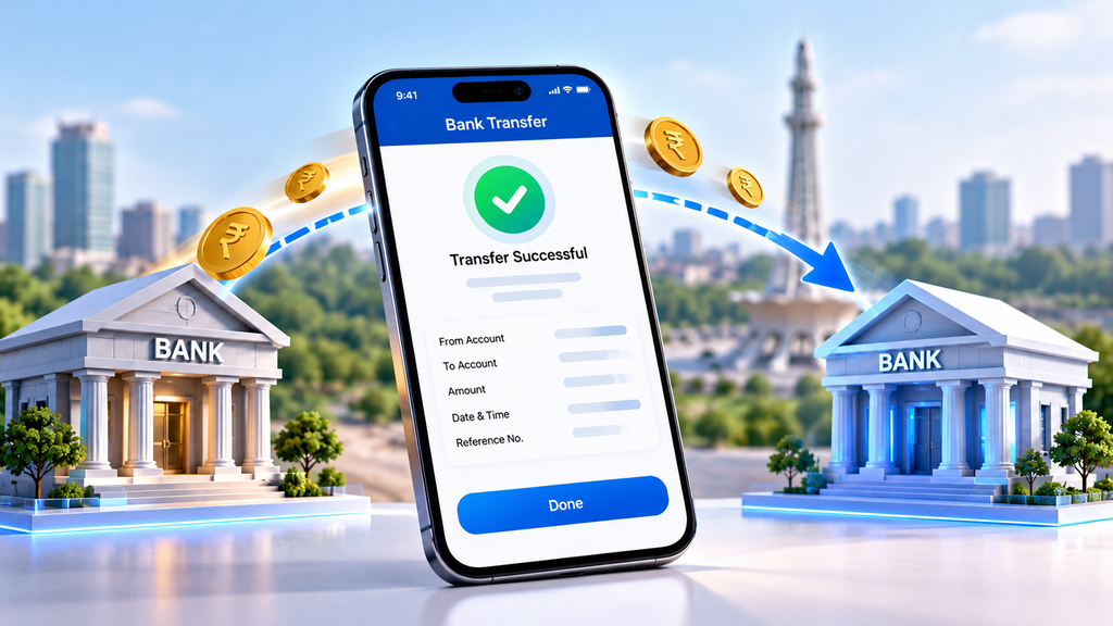 BFT charges in Pakistan, illustrating bank transfer fees and limits with a smartphone showing transfer confirmation, connected banks, and Pakistani rupee symbols.
